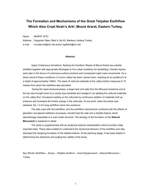 First page of Telçeker Earthflow — Source Paper (Turkish)