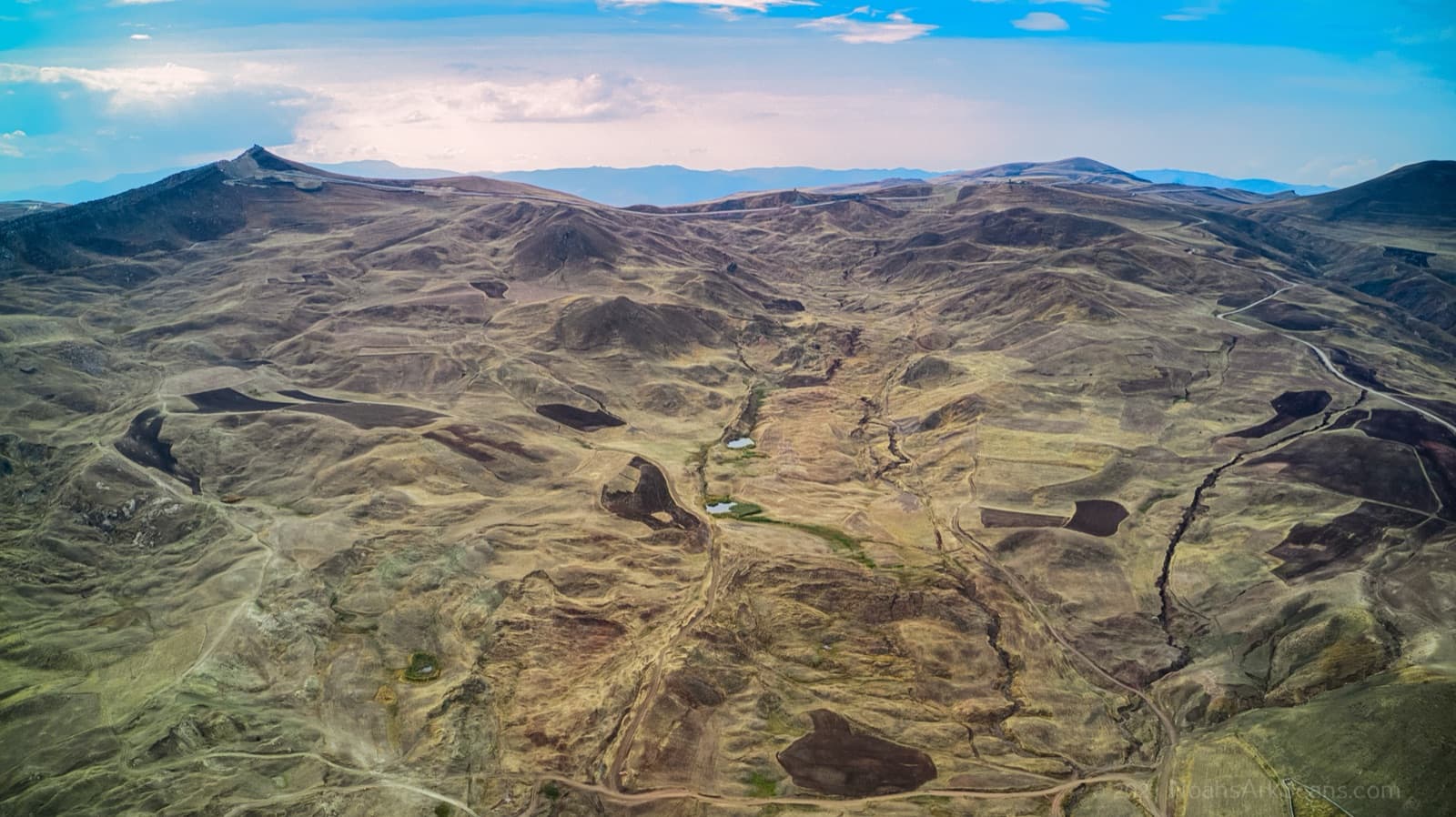 High-altitude drone panorama of the area above the Noah's Ark site along the Turkish-Iranian border