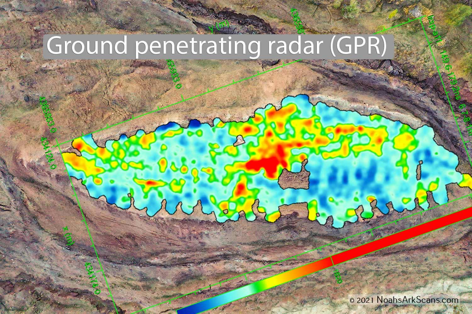2020 drone photograph with Ground Penetrating Radar scan overlay