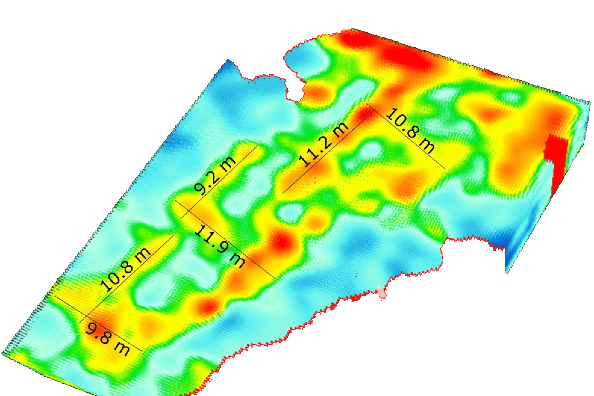 A closeup of the angular structures found by the 2019 GPR survey below surface on the downhill northwest side of the boat-shape