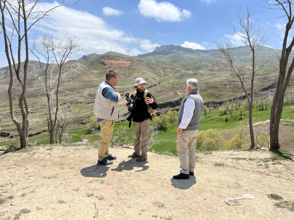 Swiss film producer and businessman, Francois and his French cameraman, Cedric, prep an interview of Dr. Salih Byraktutan at the Noah's ark visitor center which overlooks the Durupinar ark site.